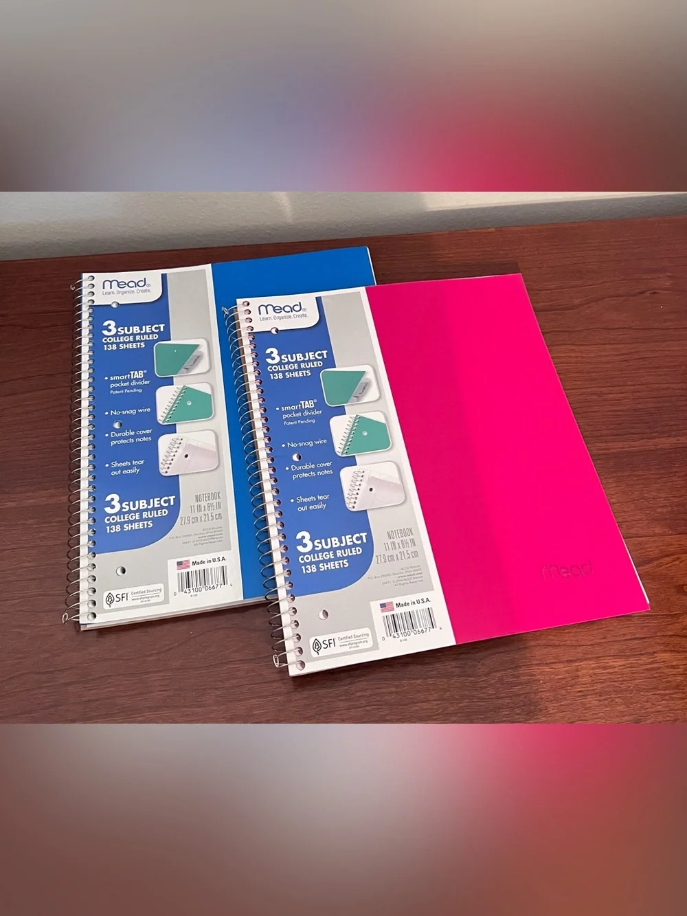 Mead Spiral Notebooks, 3 Subject, College Ruled Paper, Pack of 2, Pink & Blue